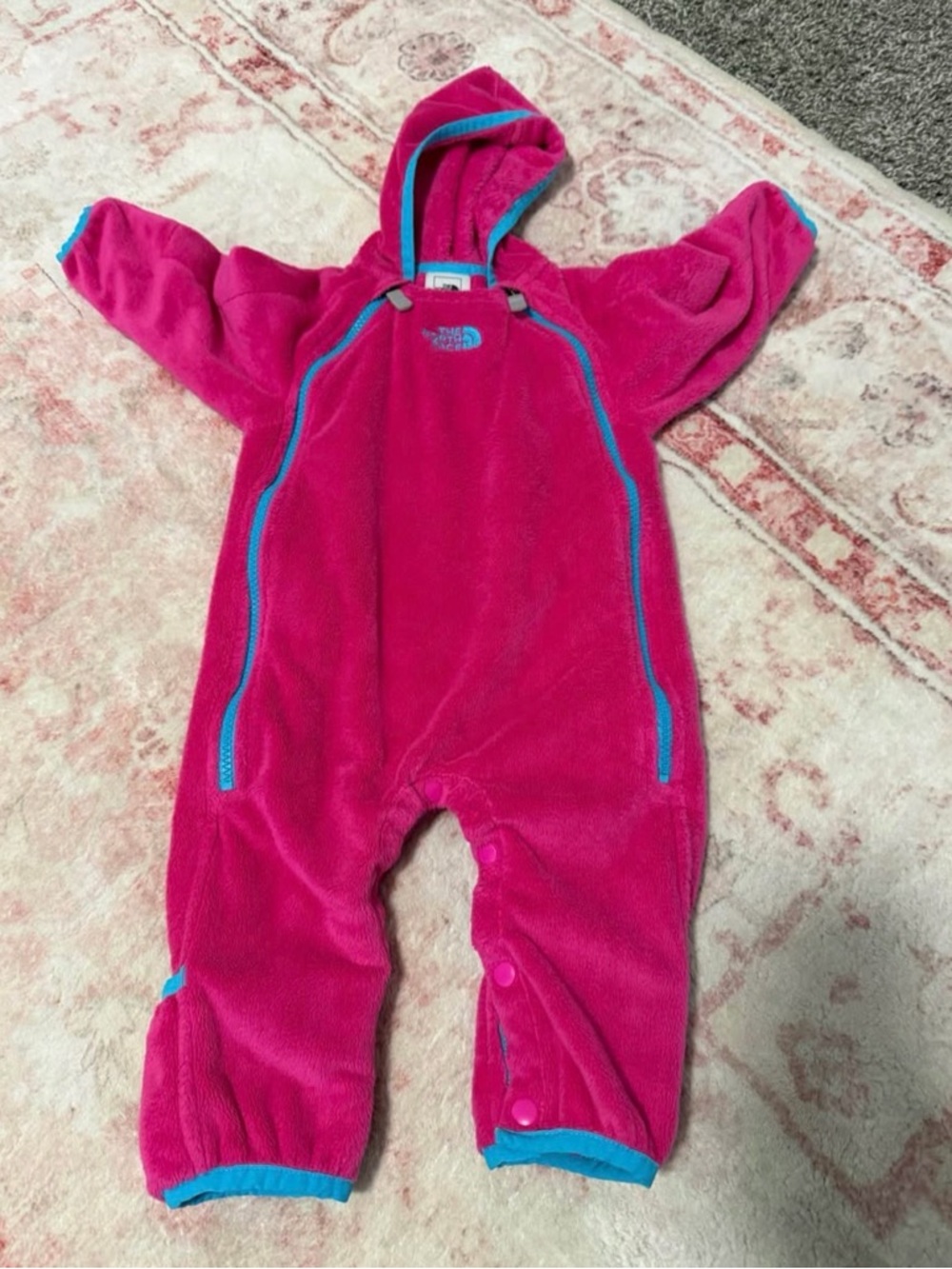 The North Face Bright Pink Fleece Hooded Infant Bunting with Blue Trim